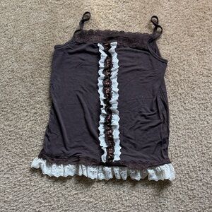 Brown and White Lace Trim Women's Top